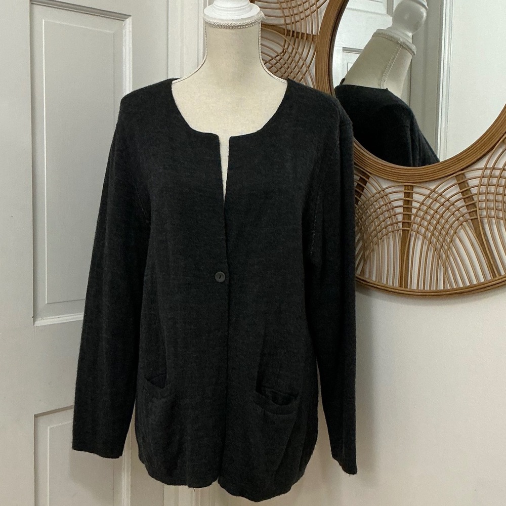 Eileen Fisher 100%Merino Wool Cardigan Jacket L Dark Academia Luxury Office